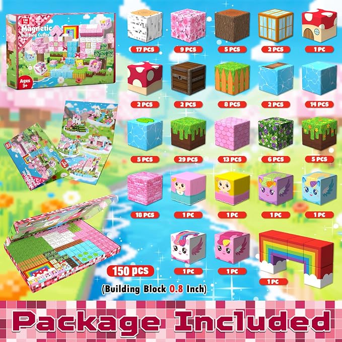 Annexfun Magnetic Blocks - 150PCS Building Blocks Unicorn Cubes - Toys for Montessori Toddler Christmas Birthday Gifts - STEM Sensory Toys for 3 4 9 10 Year Old Girl