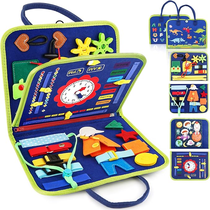 Toddler Busy Board, Montessori Sensory Toys for Boys, 1-4 Year Old Girl Toddler Travel Toys, Educational Learning Activities Board for Motor Skills, Birthday Gifts for Airplane Car, Pink