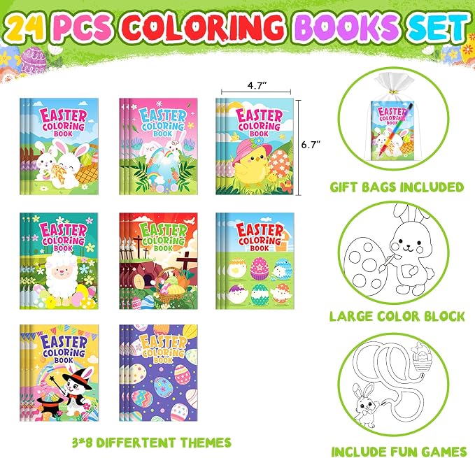 ZMLM 24 Pack Easter Coloring Books for Kids with Crayons,Party Favors for Kids 4-8, Goodie Bags Stuffers for Toddlers, Classroom Prizes Birthday Return Gifts (Easter)