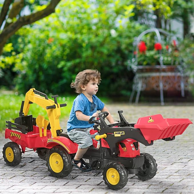 Aosom 3 in1 Kids Ride On Excavator/Bulldozer, Pedal Car Digger Toy Move Forward/Back with 6 Wheels and Detachable Cargo Trailer
