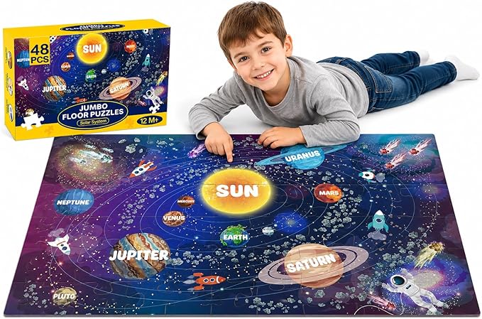 Jumbo Floor Puzzle for Kids Ages 4-6, 48 Piece Large Solar System Jigsaw Puzzle, Extra-Thick Cardboard Preschool Learning Toys for Toddlers 3-5, Educational Gift for Boys Girls 3 4 5 6 7 8