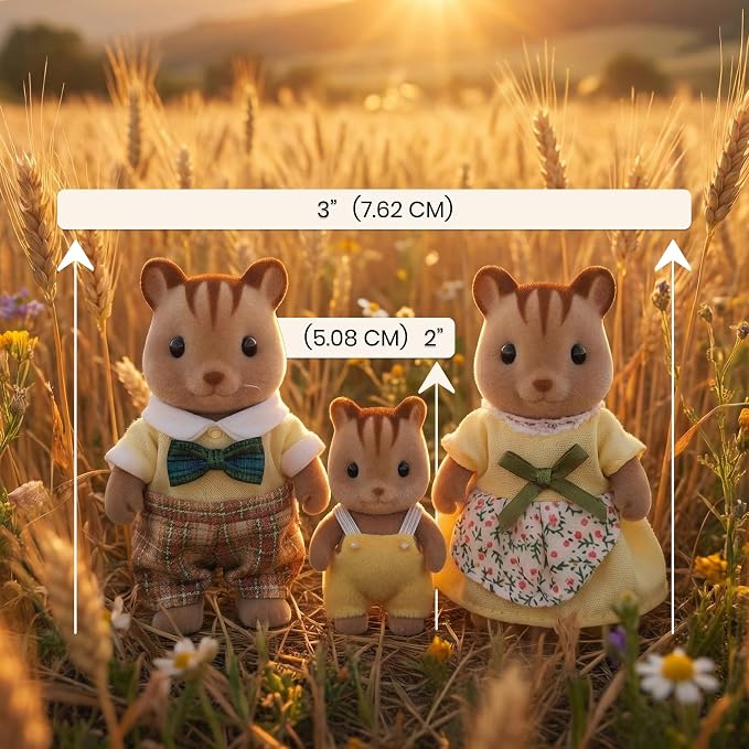 Family Brown Chipmunk Figures — Set of 3 Collectible Flocked Mini Dolls with Removable Clothes, Dollhouse Pretend Play Set for Kids Ages 3+