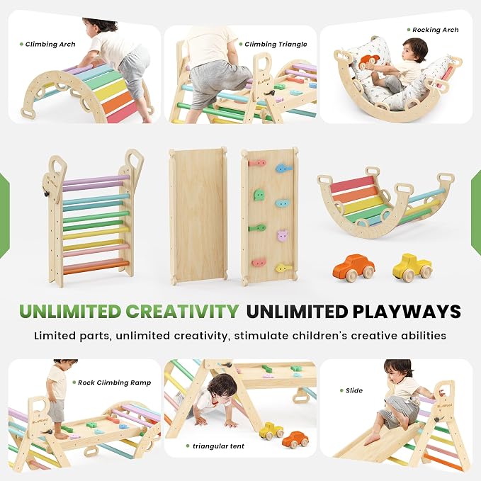 BlueWood Pikler Triangle Set with Cushion - Climbing Toys for Toddlers 9-in-1, Montessori Philosophy Play Jungle Gym with Arch, Ramp, Ladder (Rainbow)