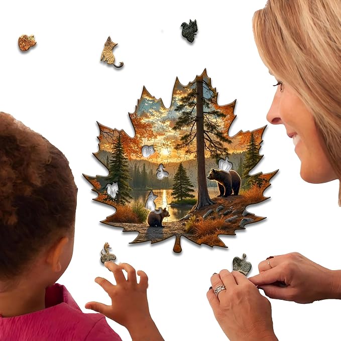 Wooden Puzzles, 205 Pieces Maple Leaf Jigsaw Puzzles, Unique Shaped Wooden Puzzle for Adults and Kids, Family Game (Maple Leaf, Royal)