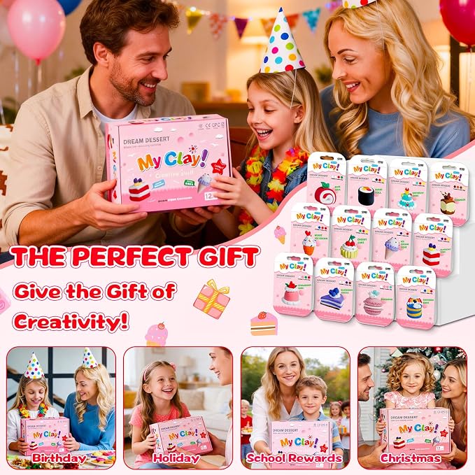 Kids Clay Air Dry Clay for Kids - Air Drying Modeling & Sculpting Kit,DIY 12 Box Food Dessert Cake Theme Arts & Crafts Clay Set,Ultra Soft Non-Sticky Bulk Party Favors & Party Crafts for Girls & Boys