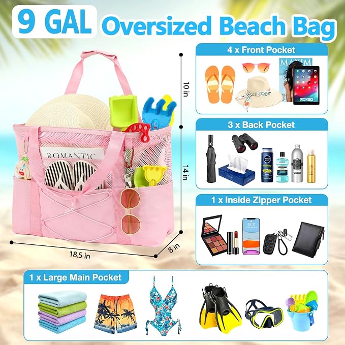 Fammart Mesh Beach Bag for Women, Large Beach Toy Pool Bag with Zipper Pocket, SandProof Cruise Essentials 2026 Family Travel