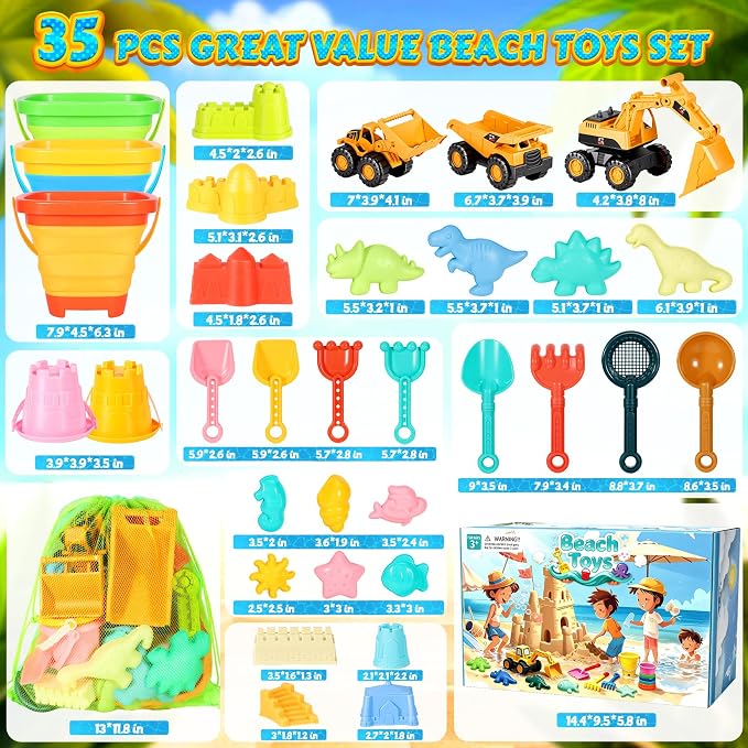 Beach Toys for Kids 35PCS Sand Toys with 3 Collapsible Bucket,3 Dump Truck,Beach Shovel,Sand Castle Building Kit,Ocean Molds,Dinosaur Sand Molds, 2 Mesh Bag,Toddler Beach Essentials for Kids 3-10