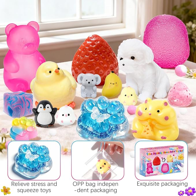 15Pcs Taba Squishies Kit, Squishies Fidget Toys, Including Strawberry, Cat Paw, Hamster Toy, Stress Relief Toys Party Favors for Kids 4-8 8-12, Sensory Toys Birthday Easter Gifts