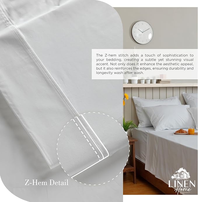 Linen Home 100% Cotton Percale Sheets Twin XL Size, Dove Grey, Deep Pocket, 3 Pieces Set- 1 Flat, 1 Fitted and 1 Pillowcase, Crisp Cool and Long Staple Strong Bed Linen