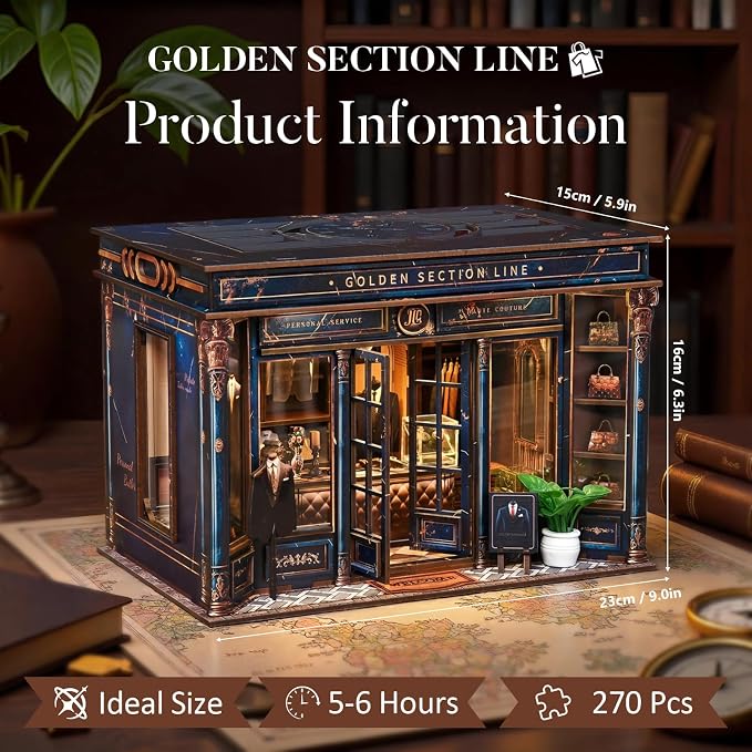 fifijoy DIY Miniature Dollhouse Kit - 3D Wooden Puzzle Book Nook Kit with LED Light, Miniature House Bookshelf Insert Decor for Adults, Creative Gift for Family and Friends (Golden Section Line)