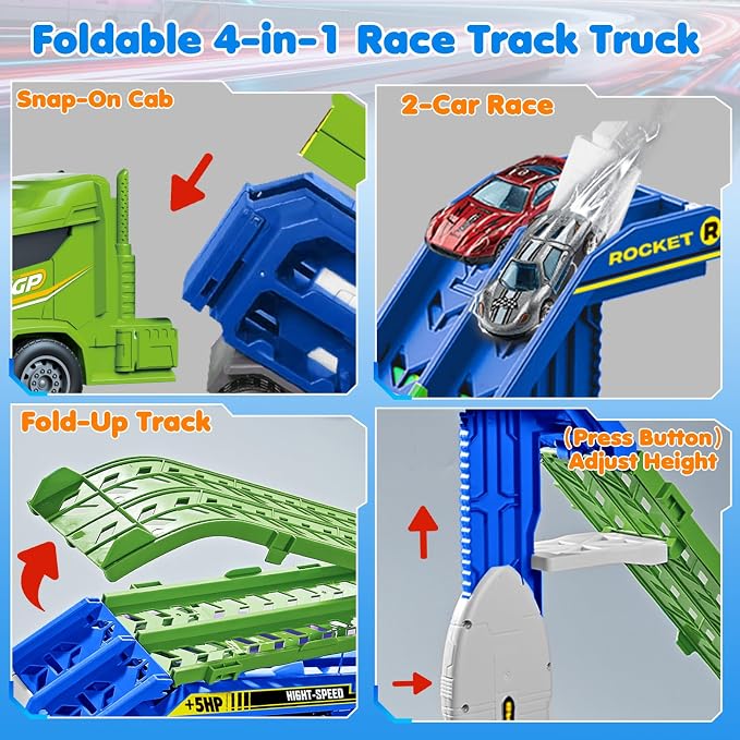 Race Track Truck Toys for 3 4 5 6 Years Old Kids - Carrier Truck Transport Car with 6 Die-Cast Cars Toys, 4-in-1 Truck with 2 Foldable Race Tracks, Christmas Birthday Gifts Toy for Toddler Boys, Cyan