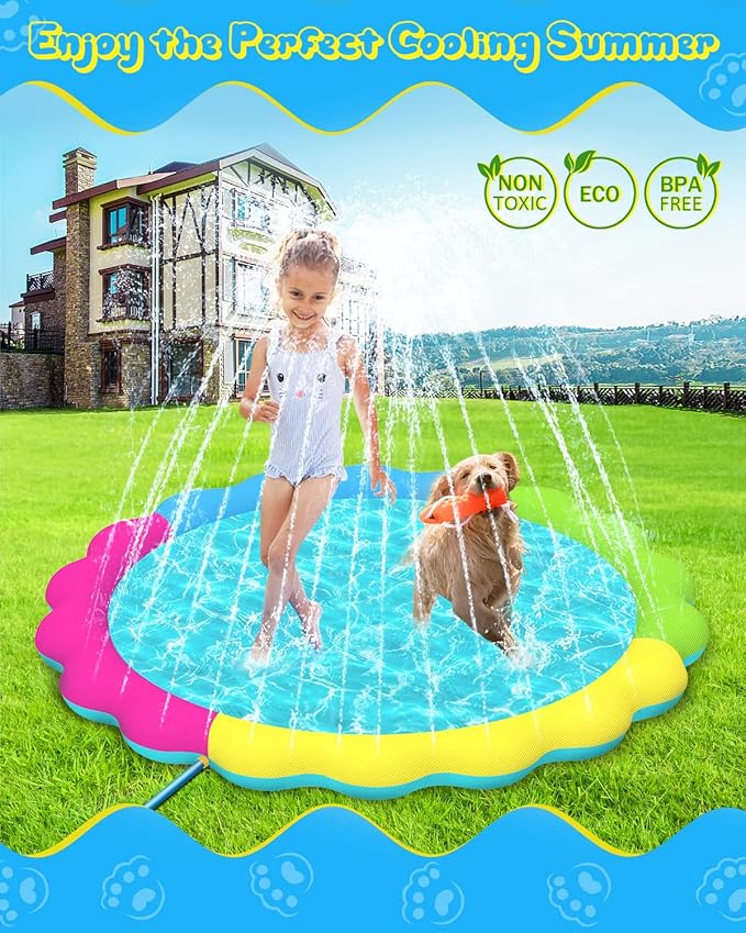 Raxurt Splash Pad, Anti-Slip Splash Sprinkler Pad for Kids Dogs 0.55mm Thickened Durable Upgrade Baby Splash Pad Summer Outdoor Water Toys Backyard Fountain Play Mat, Colorful