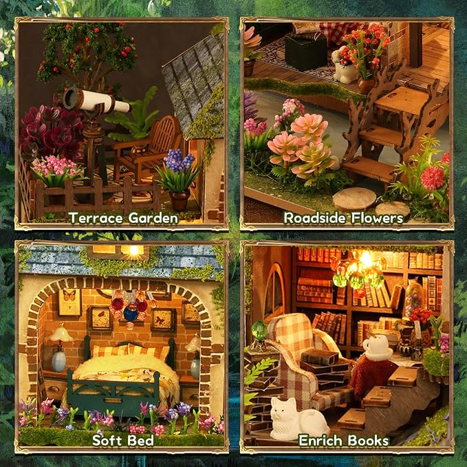 DIY Miniature House Kit, Victorian Dollhouse Kit, 3D Wooden Puzzles Bookshelf Craft Kits, Mini Doll House Building Kit for Adults Teen(Forest Cottage)