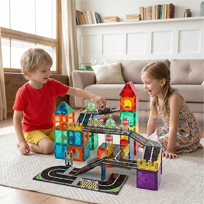 Magnetic Tiles Road Set, 89 PCS Magnetic Building Blocks with Roads, Bridges & Ramps, STEM City Building Toys for Kids Ages 3-8, Educational Construction Magnet Toys, Gifts for Boys Girls