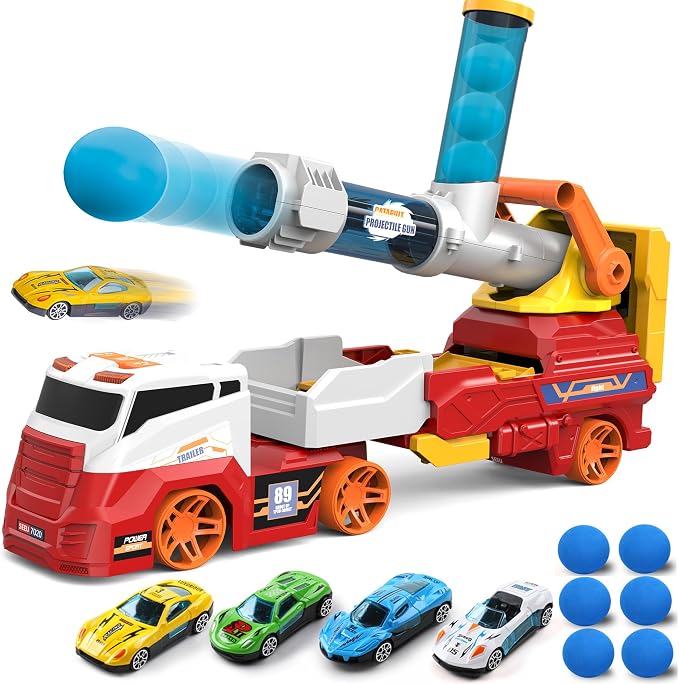 Dwi Dowellin Truck Toys for Kids, 28" Large Car Toys Include 4 Racing Cars+6 Ball, with Light & Sounds, Eejection&Shooting Transport Cars Toys Vehicle, Gifts for Boys Girls-RED
