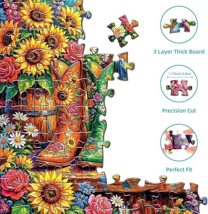 1000 Piece Puzzle for Adults, Colorful Flower Boots Jigsaw Puzzles, Plant Floral Boot Garden Jigsaw Puzzle, Fun Challenging Puzzle with Letters on Back, Cowgirl Blooming Boots Puzzles for Game Night
