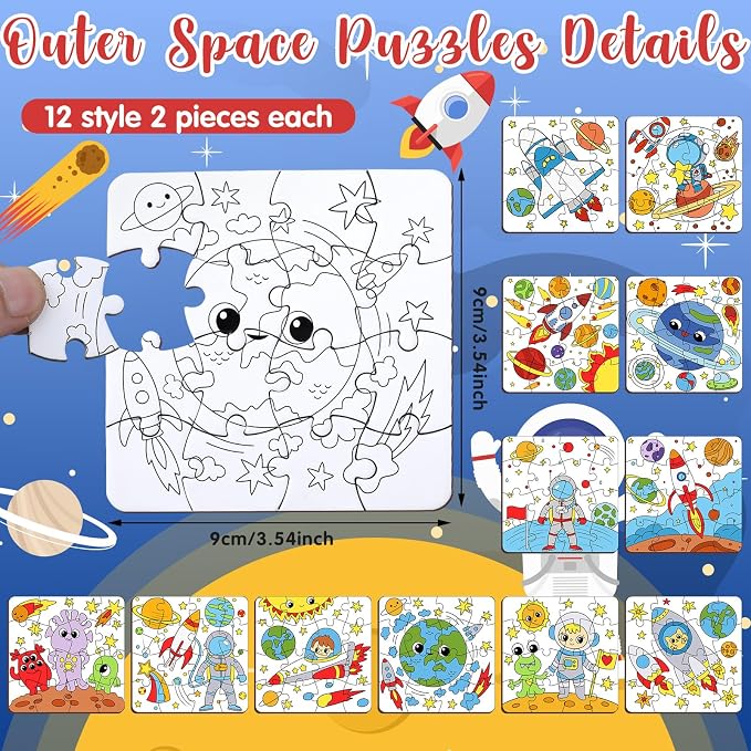 Realspring 24 Pack Outer Space Color Your Own Jigsaw Puzzles for Kids 3-5, 4-6, 6-8, Coloring Crafts DIY Paper Puzzles Party Favors Gifts for Toddler Children Learning Education Toys