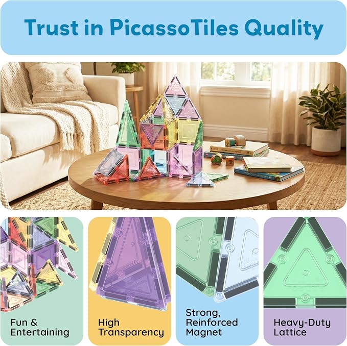 PicassoTiles 48PC Magnetic Tiles Pastel Building Construction Stacking Toy STEM Montessori Educational Magnet Tile Sensory Learning Playset For Toddlers Preschool Elementary Boys Girls Ages 3+ PTJ48JN