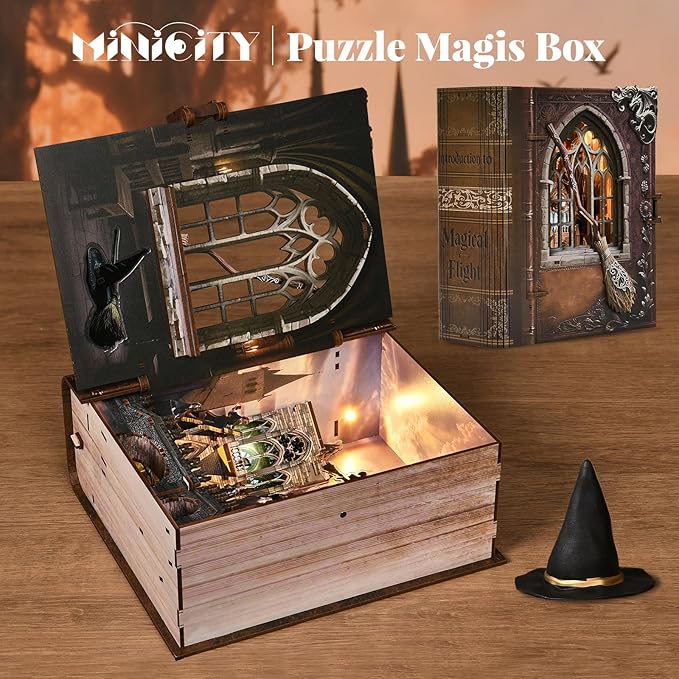 MiniCity DIY Book Nook Kits for Adults, Miniature Dollhouse Booknook Kit, 3D Wooden Puzzle Creative Decorative Bookends Bookshelf Diorama Insert Crafts Hobbies Gifts (Introduction to Magical Flight)