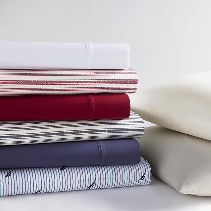 Nautica - Queen Sheets, Cotton Percale Bedding Set, Casual Home Decor (Coleridge Stripe Red, Queen)