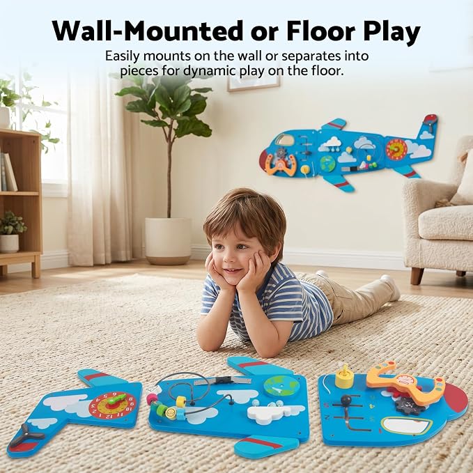 WOODENFUN Wooden Activity Wall Busy Board for Toddlers, 12 in 1 Airplane Montessori Sensory Wall Panel with Bead Maze, Baby Learning Toys for Boys Girls