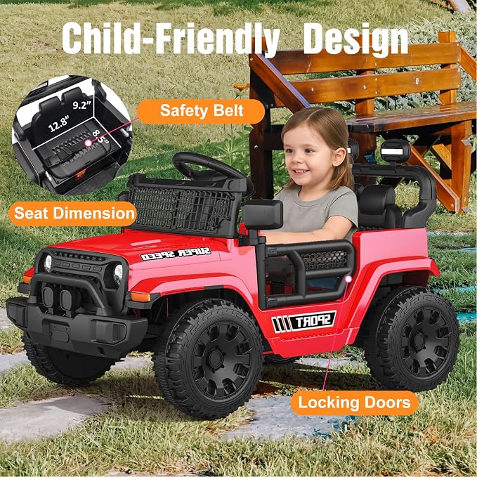 12V Ride on Car with Parent Remote Control, Toddler Electric Car with Spring Suspension, LED Lights & Music Player - Safe Battery Toy for Kids, Christmas & Birthday Gift, Red