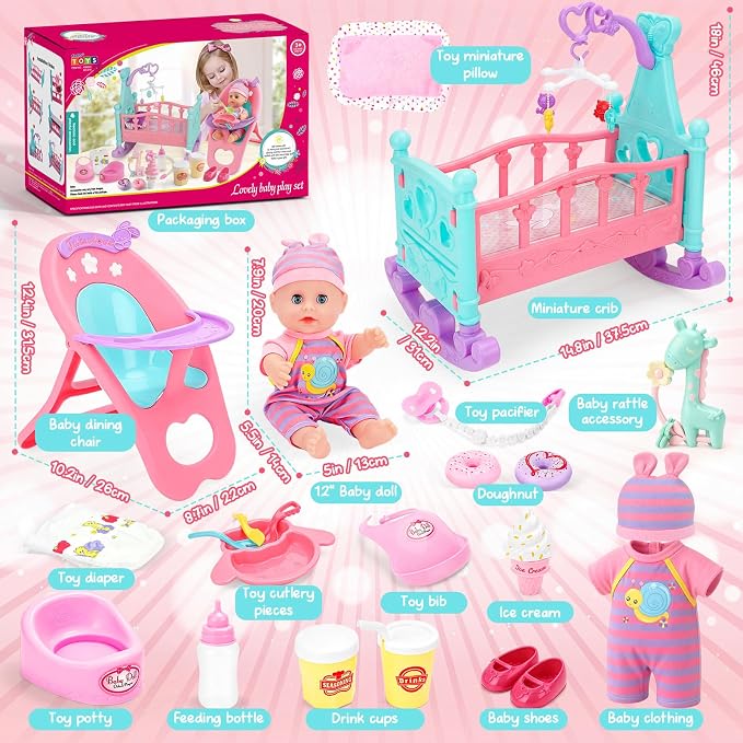 deAO 12” Baby Doll Play Set with Crib, Mobile, High Chair Feeding Accessories, Interactive Dolls for Girls Kids Pretend Play Baby Dolls 21 PCS