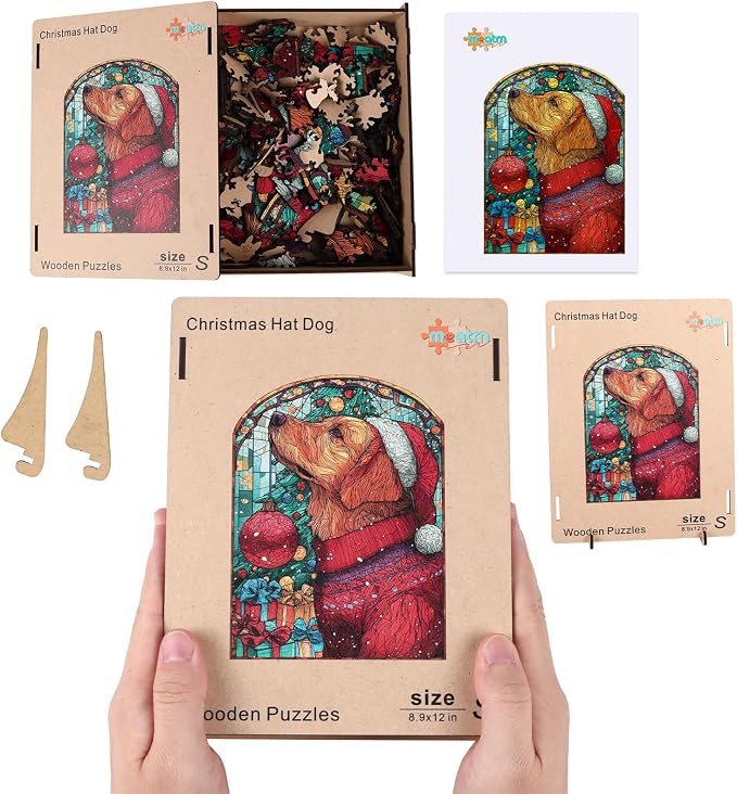 MEATRN Christmas Jigsaw Puzzles for Adults - Dog with Santa Hat 202 Pcs Unique Shaped Holiday Wood Puzzle with Wooden Storage Box, Festive Family Game Night for Art Lovers 8.9x12 Inch
