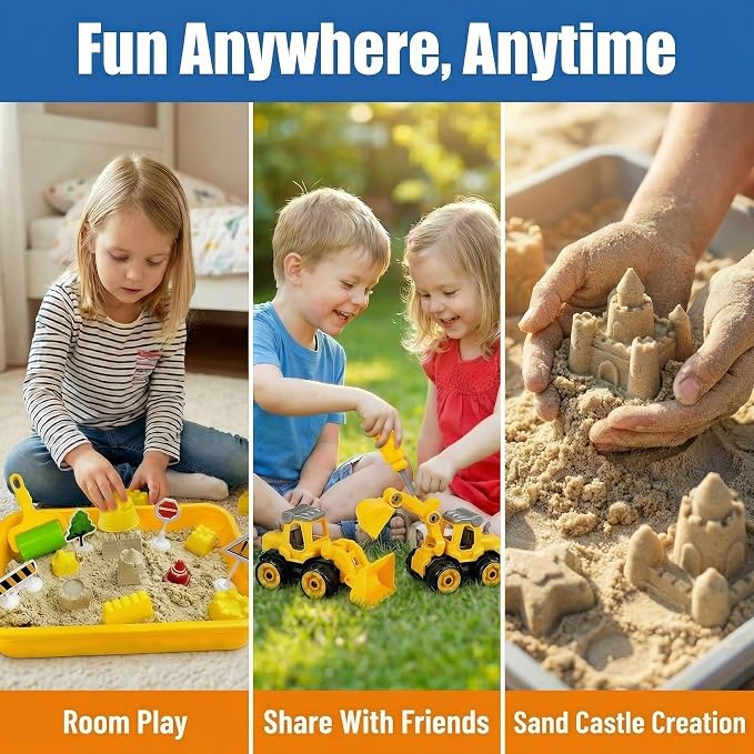 Carolart Construction Sensory Bin, Mess-Free Sandbox Playset with Glow in The Dark Stones, Play Sand with Toy Excavator and Bulldozer, Sensory Sand Activity Kit, STEM Gift for Boys Girls Ages 3-8