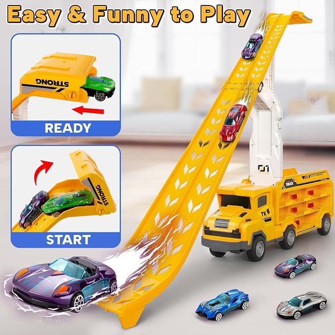 Kids Toys for 3 4 5 6 7 8 Years Old Boys, Carrier Truck Transport Car Toys, Foldable 2 Layer Car Race Track Playset with 25-in Race Track, 6 Metal Toy Cars, Birthday Toy Gift for Toddler-Yellow