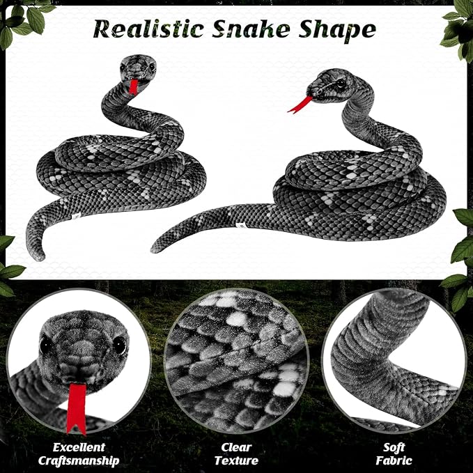 Giant Stuffed Snake, 80in Lifelike Plush Snake for Kids, Birthday Gift Party Prank Prop (Black)