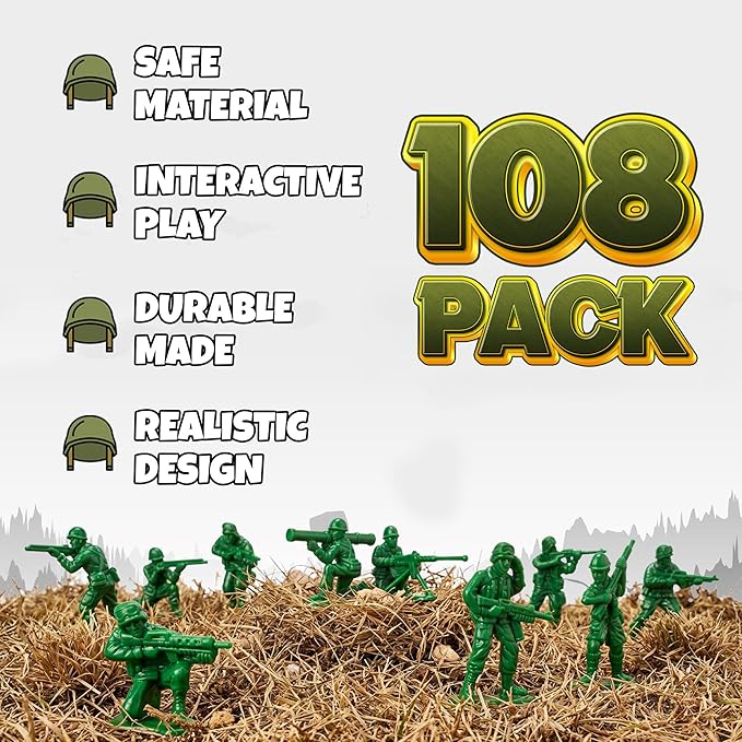 Green Army Men Toy Soldiers (108 Pack) - Classic Military Action Figures for Kids - Plastic Army Toys Set for Battle Play, Party Favors, Cake Toppers & Goodie Bags