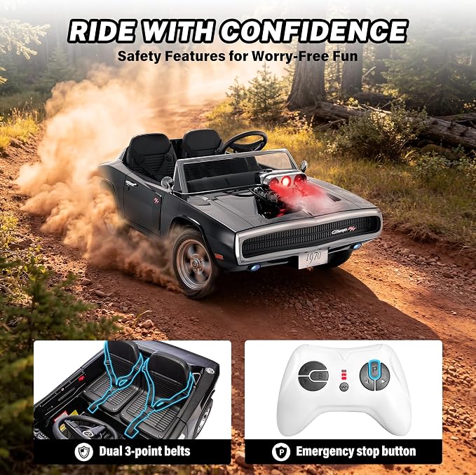 Licensed 1970 Dodge Charger 24V Ride on Toys for Big Kids, 2 Seater Ride on Car with Parent Remote Control, Dual 120W Motors, Bluetooth Music, LED Lights, Hood Supercharger with Mist, 5 MPH