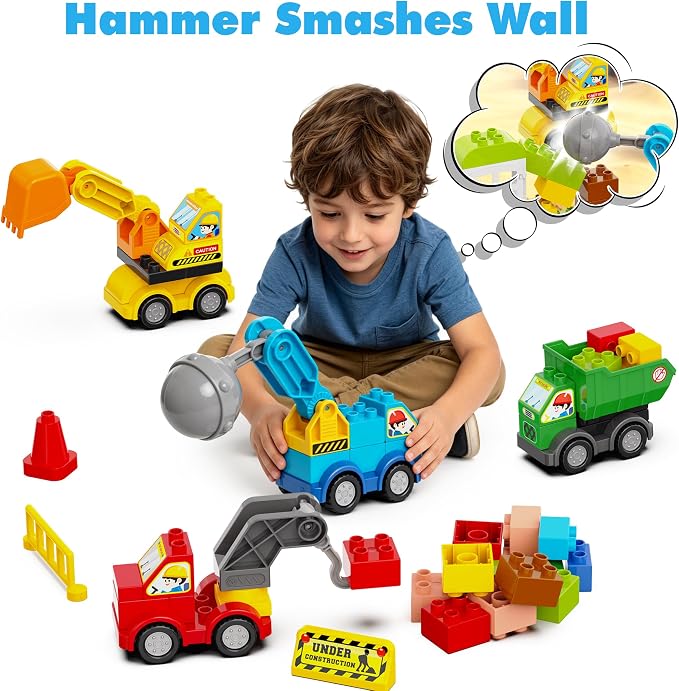 100+ Pcs Building Blocks Set with 4 Construction Trucks, Large Baseplate, Post-Disaster Rebuild Pretend Play, STEM Toy for Fine Motor Skills & Emotional Growth, Gift for Kids Ages 3-8