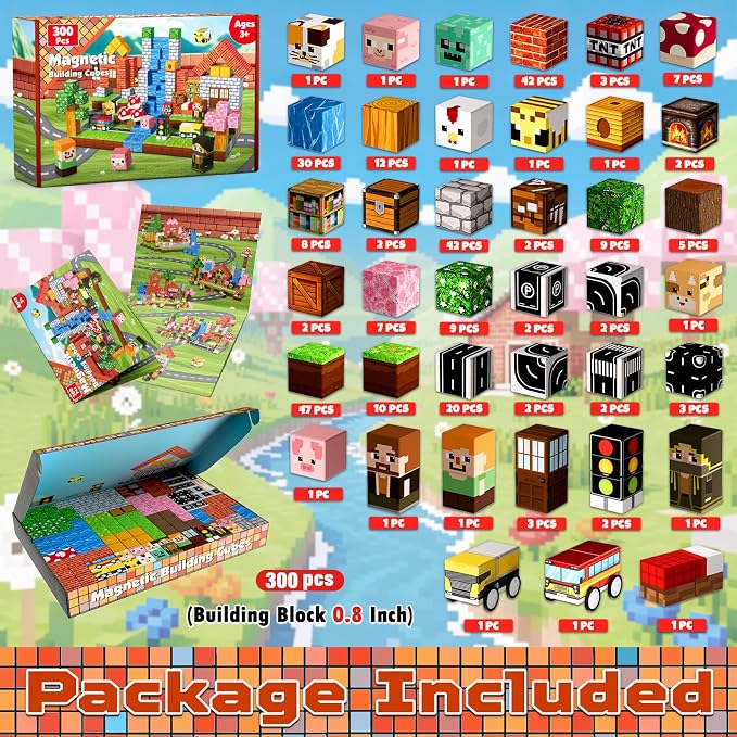 300 PCS Magnetic Blocks - Magnetic Building Block, Stacking Magnet Building Cubes for Kids, Magnetic Construction Toy for Boy Girl, STEM Montessori Sensory Toy Ages 3-12 Years Old Birthday Gift