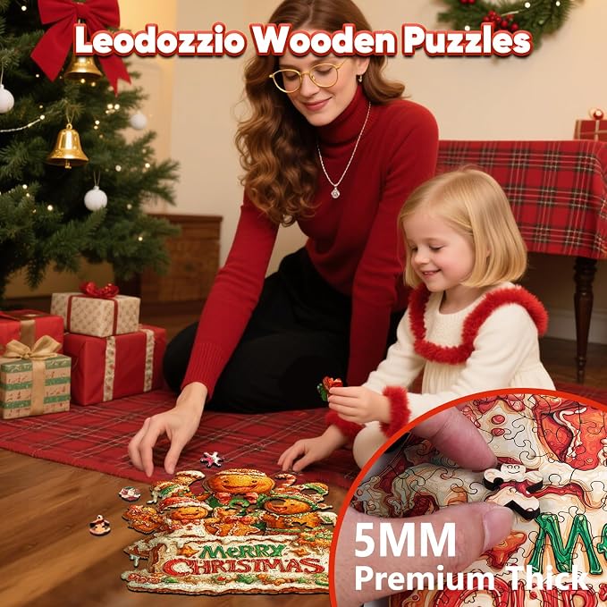 Leodozzio Christmas Wooden Puzzles for Adults & Kids, Gingerbread Family Puzzle 200 Pieces, 5MM Unique Shape Winter Jigsaw Wood Puzzle for Grandkids, Holiday Decoration Gifts, Family Game, 9x12.2 in