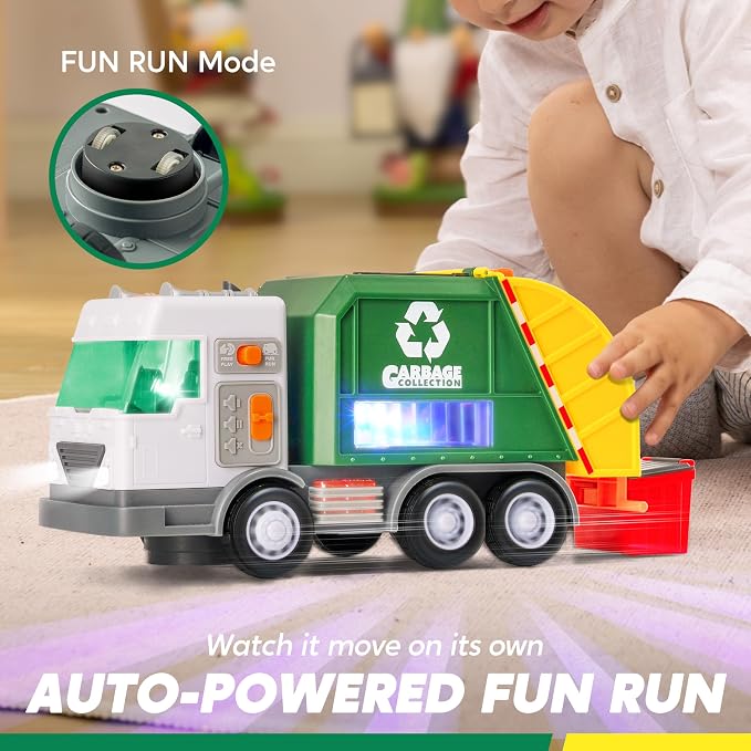Vroomix LED Garbage Truck Toy Set Includes Dumpster, Toy Truck with Mode Switch & Volume Control, Trash Vehicle with Lights and Sounds, Automatic Bump, Birthday Gift for Boys Girls