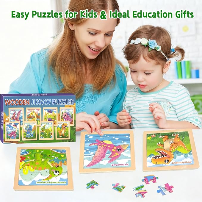 Wooden Dinosaur Puzzles for Toddlers, 8 Pack 9 PCS Jigsaw Puzzles for Kids, Wooden Puzzles for Toddlers 3-5, Dinosaur Toys for Kids 3-5, Preschool Puzzles Learning Educational Sets Toys