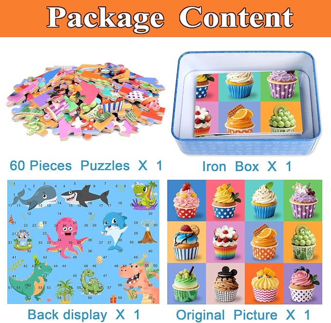 MZZOTOY Cupcake Puzzle for Kids Ages 4-8, 60 Pieces Jigsaw Puzzles for Kids Ages 3-5， Learning Educational Puzzles Toys Great Gift for Boys Girls in a Metal Box