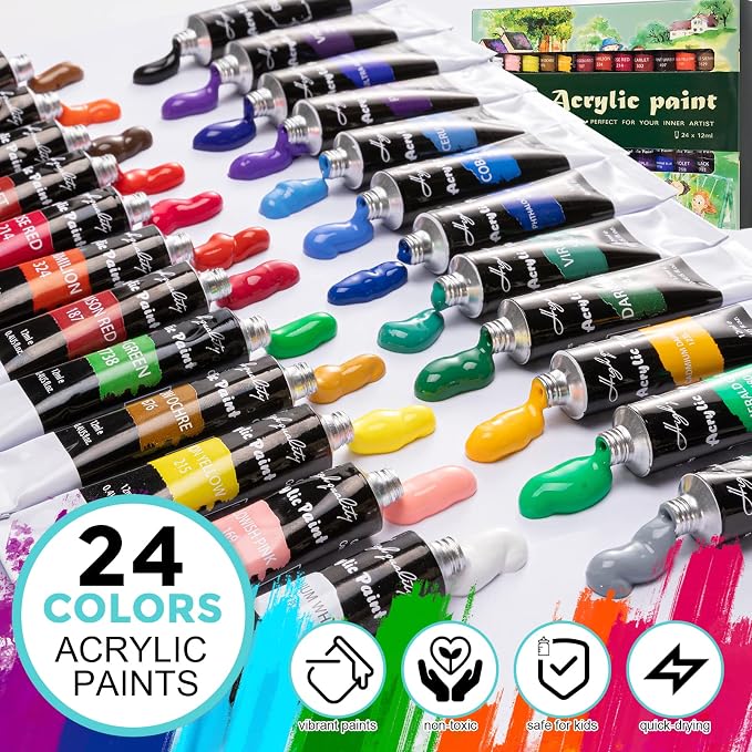 Inburit Art Paint Set with Wooden Easel Box, 24 Colors Acrylic Paints, 8 Paint Brushes, 6 Canvas Panel Deluxe Paining Supplies kit for Kids, Student, Adult & Artist