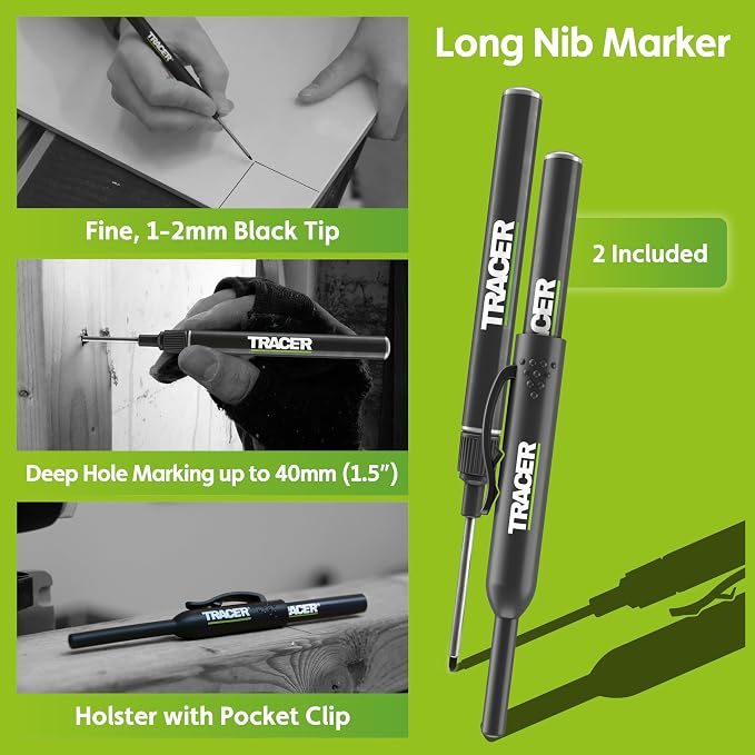 Tracer 8 Piece Construction Marker Kit - Deep Hole Carpenter Pencil Set, 2 Deep Hole Marking Pen, and Four Heavy Duty Clog-Free Markers, 2.8mm Replacement Leads & Storage Case for Woodworking Tools
