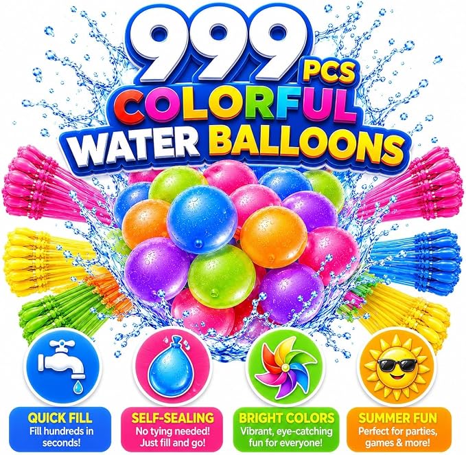 999Pcs Self-Sealing Water Balloons, Colorful Quick Fill Water Balloons for Outdoor Events, Summer Outdoor Water Toys for Pool Party, Backyard Games, Beach, Birthday Party and Family Fun