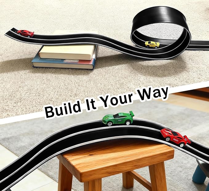 15 Ft Flexible Race Car Track for Kids,Flex Track Starter Set Compatible with Hot Wheels and Diecast 1/64th Cars,Portable Racetrack Roll Up Race Track with 4 Racecars and Suction Cups