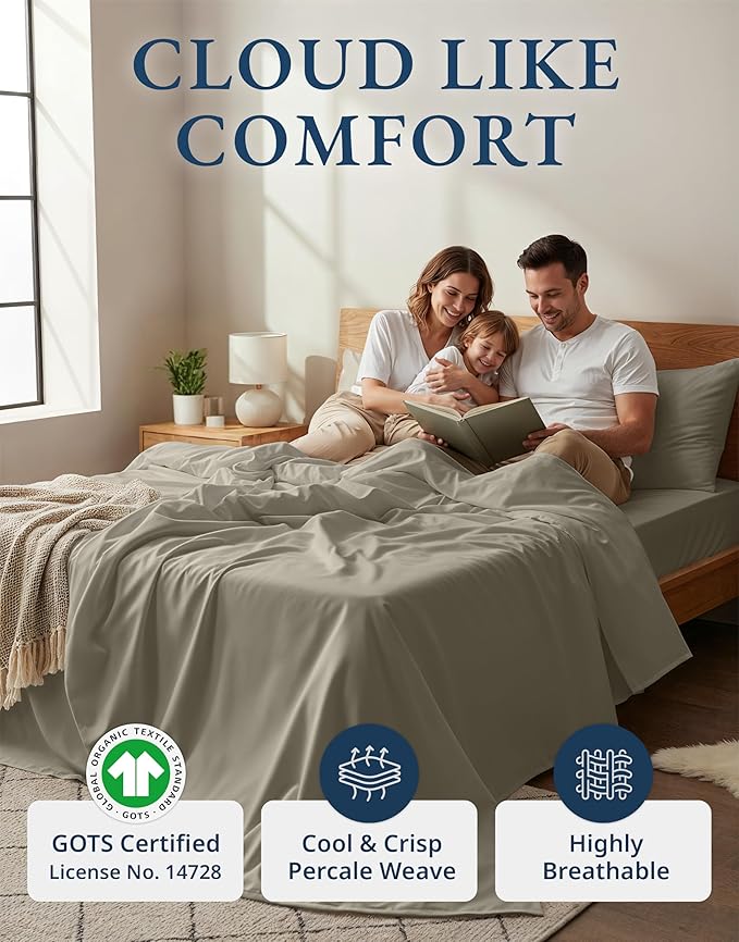 LANE LINEN Full Size Sheets 100% Organic Cotton Soft 4pc Percale - Silver | 100% Organic Cotton Percale Full Sheet Set - Affordable Organic Luxury, Honest-Price Organic Quality, For Hot Sleepers