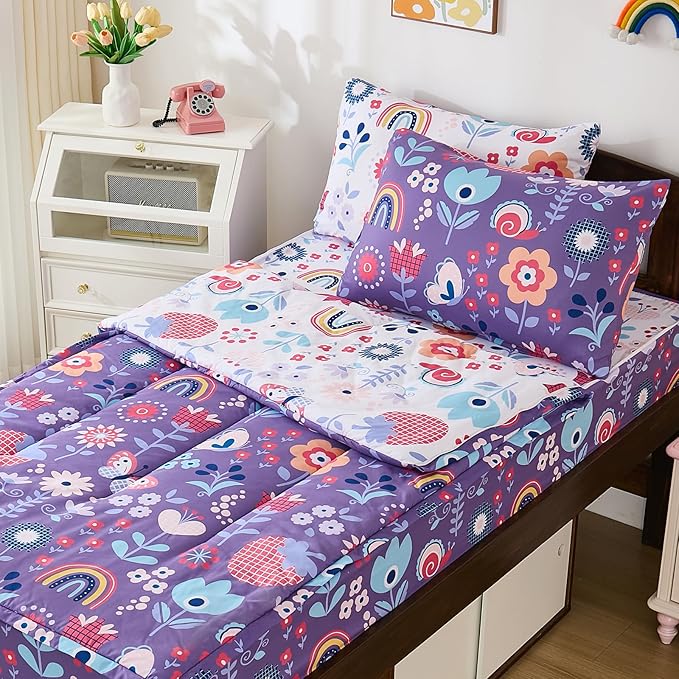 DJY Zipper Bedding Set Full, Purple Floral Bedding Sets for Girls, Kids Comforter Set with Fitted Sheet Pillowcases, All in One Zipper Bed Set for All Seasons
