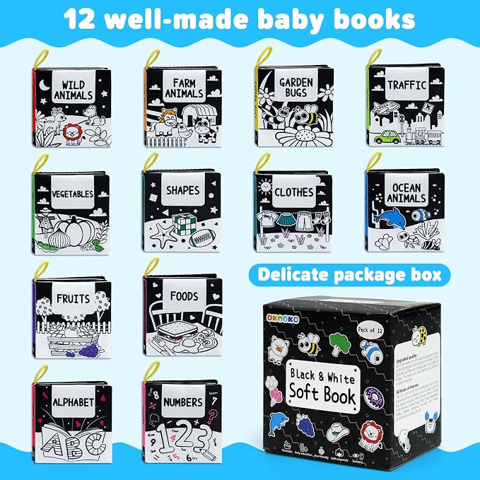 OKOOKO 12PCS Soft Baby Books Black and White High Contrast Soft Cloth Bath Books Crinkle Washable Non-Toxic Early Education Preschool Learning Toy for Newborns Babies Infants Toddlers Kids