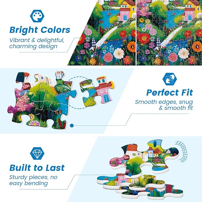 300 Pieces Puzzles for Adults, Large Piece Charming Village Jigsaw Puzzles,Colorful Village with Flowers,Birds Lake Puzzle for Kids Kids Ages 8-10 8-12 10-12,Puzzles for Family Game Nights,20.5x15 in