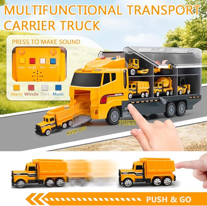 Toddler Construction Truck Vehicle Toy Set for 3 4 5 6 Years Old Boys with Play Mat, Die-Cast Car Carrier Truck for Kids Boys Girls Birthday Party Gifts