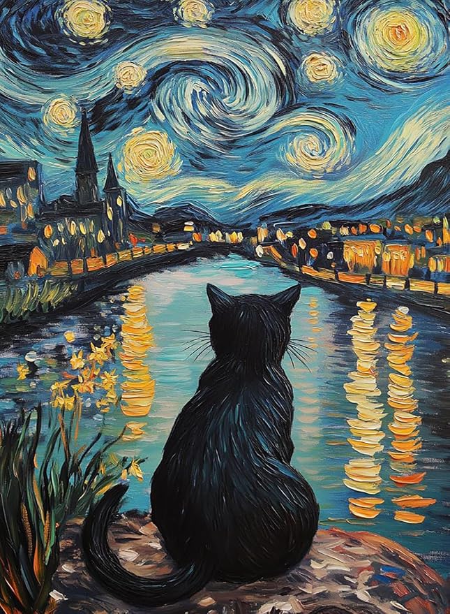 RYMILIE Cat Diamond Art Kits for Adults-Starry Night Diamond Painting Kits for Adults Beginners, 5D DIY Full Drill Round Rhinestone Gem Art Crafts Paintings for Home Wall Decor 12"x16"