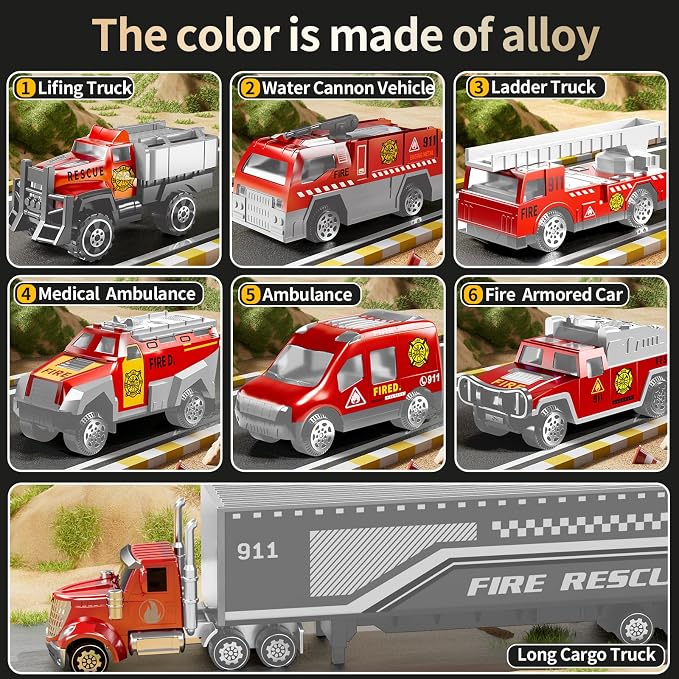 NIPLOOOW Fire Toys for 3 4 5 6 Years Old Boys Girls Kids, Die Cast Metal Fire Truck Toys W/Play Mat, Rescue Emergency Fire Truck Car Toy, Toddler Car Toy Christmas Birthday Gifts for Boys
